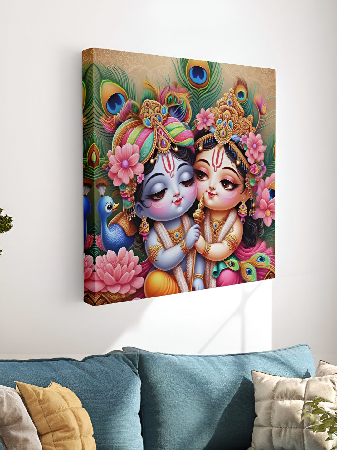 SAF Blue & Gold-Toned Cute Radha Krishna Canvas Wall Art