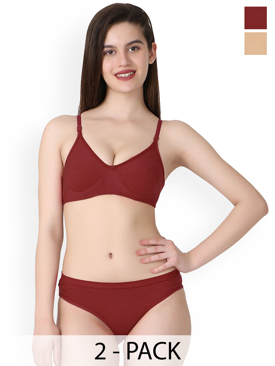 PIBU Pack Of 2 Cotton Non Padded Lingerie Set B-Ruchi-Sett_Br,M-Brown,Maroon