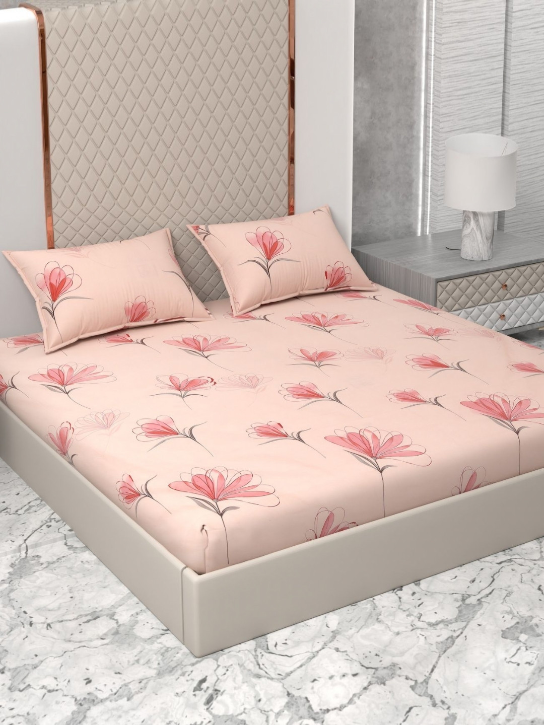 Star Weaves Pink & Peach-Coloured Floral 350 TC King Bedsheet with 2 Pillow Covers