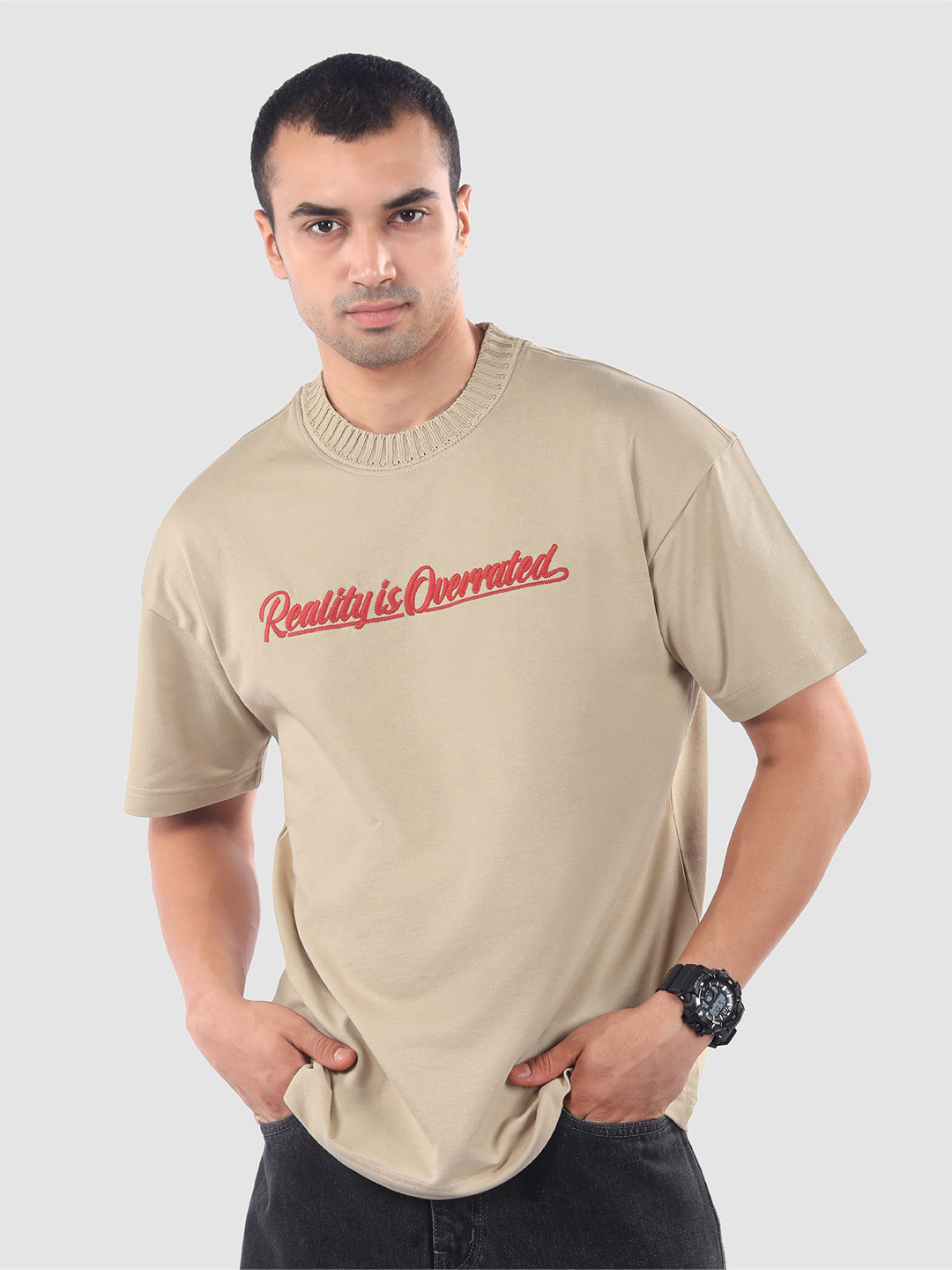 Beyoung Typography Embroidered Mock Neck T-shirt