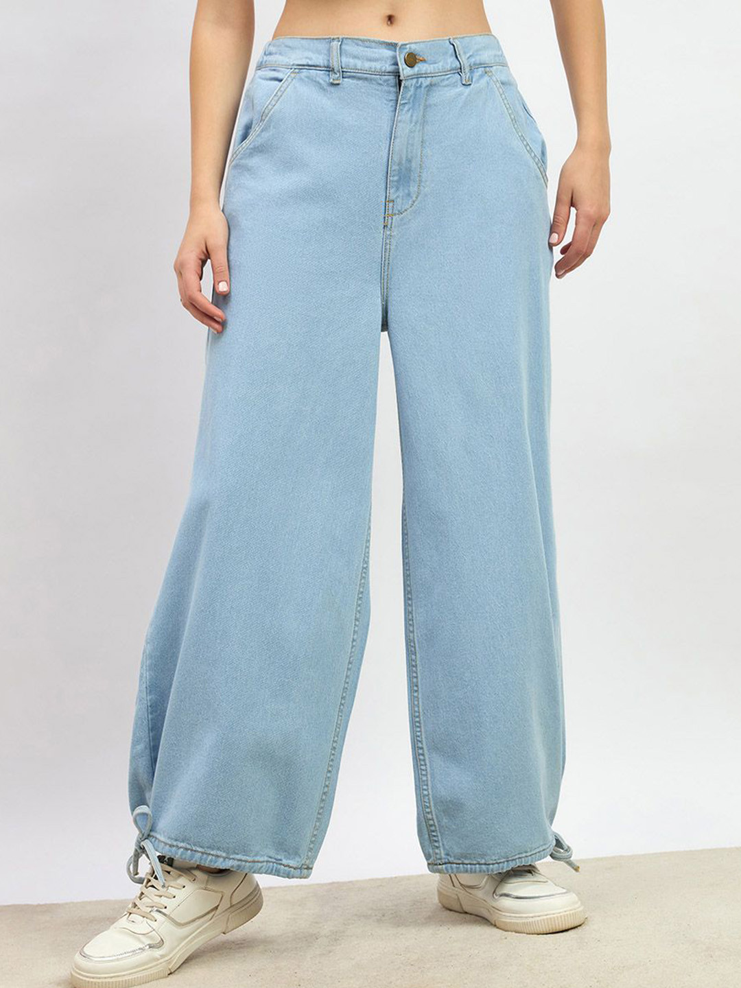 Styli Women Solid Wide Leg High-Rise Stretchable Jeans with Adjustable Drawstring Detail