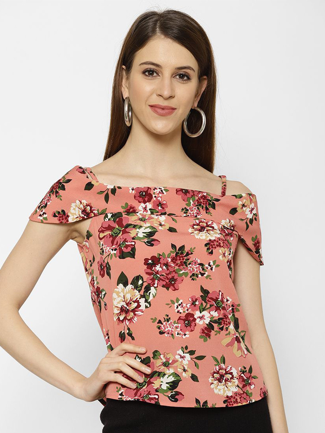 KASSUALLY Women Floral Printed Cold-Shoulder Georgette Top