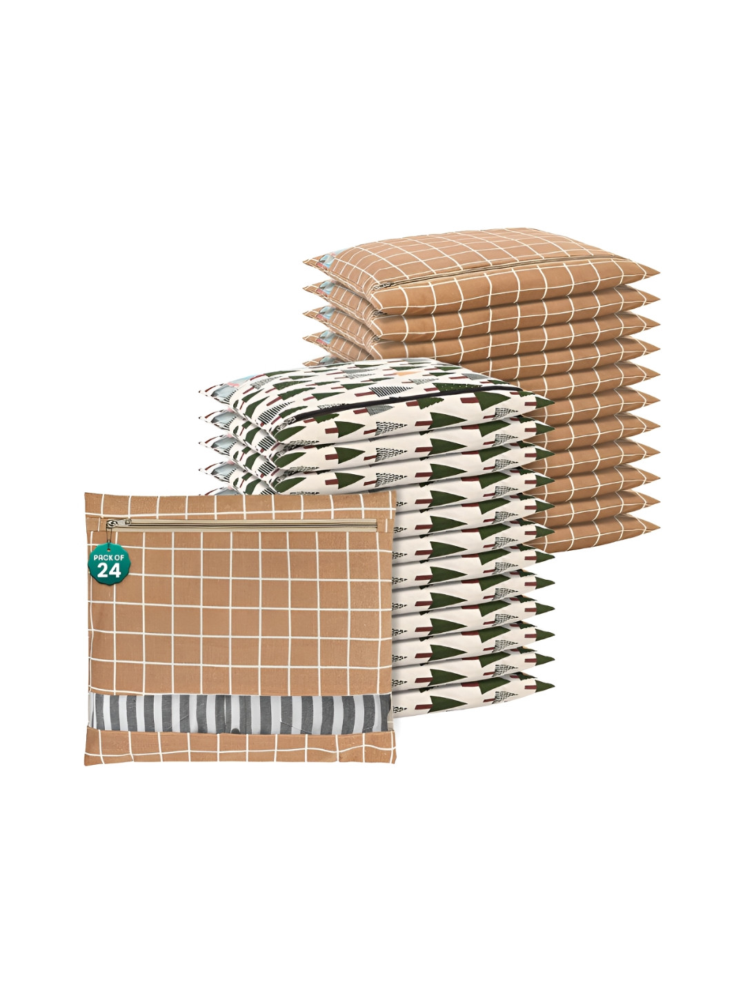 Aura Brown 24 Pieces Printed Mesh Cotton Clothes Storage Drawer Organisers