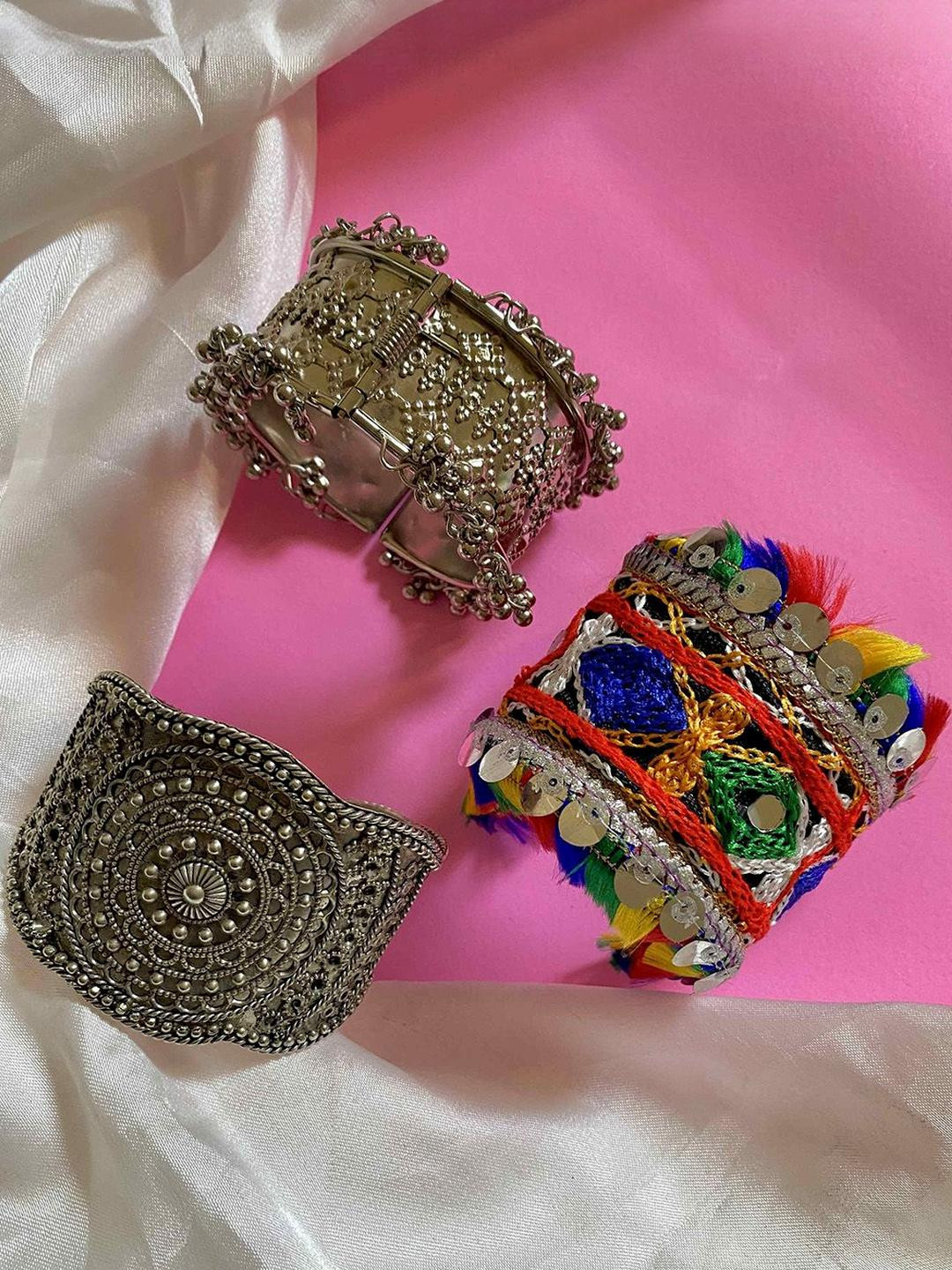 Sangria Set of 3 German Silver &  Multicoloured  Round Shaped -Textured Bangles