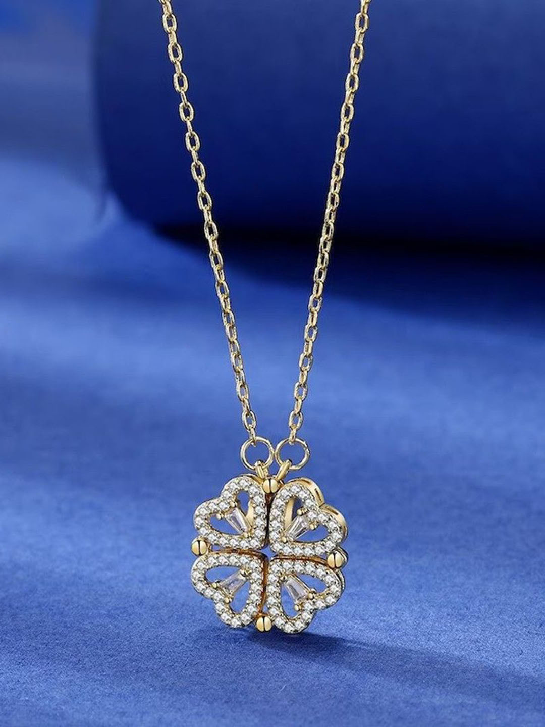 DIVASTRI Gold-Plated Stones StuddedTwo In One Magnetic Hearts Clover Pendant Necklace