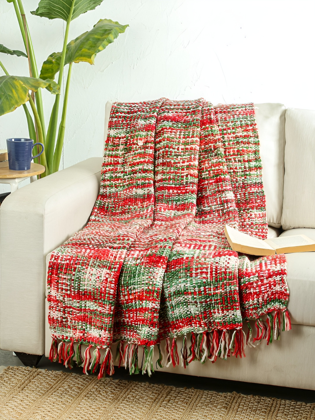 House This Red & White Textured Palasha Sofa Throw