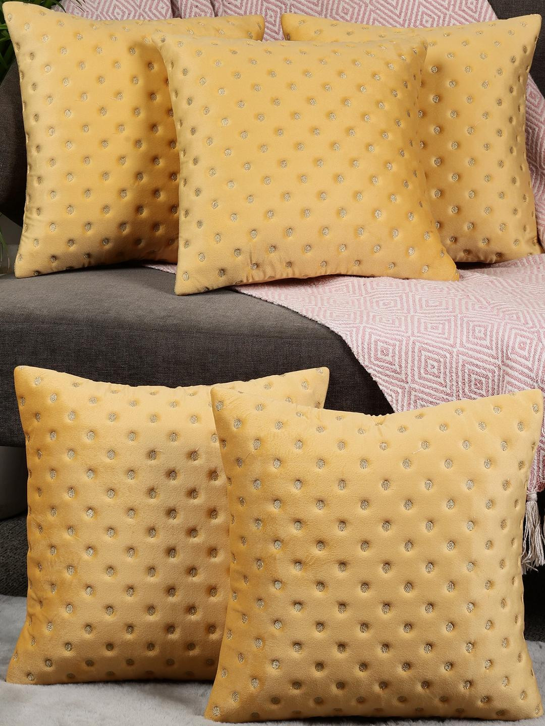 TANLOOMS Polka Dot Yellow Embroidered Velvet Washable 5 Pcs Cushion Covers - 16x16In
