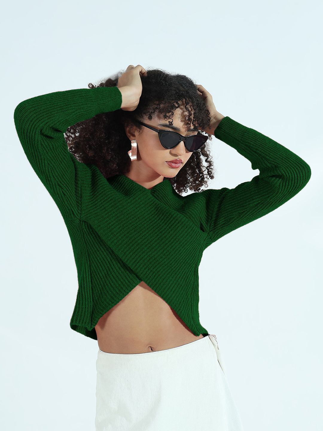 SHOWOFF Women Ribbed Print V-Neck Wrap Crop Top