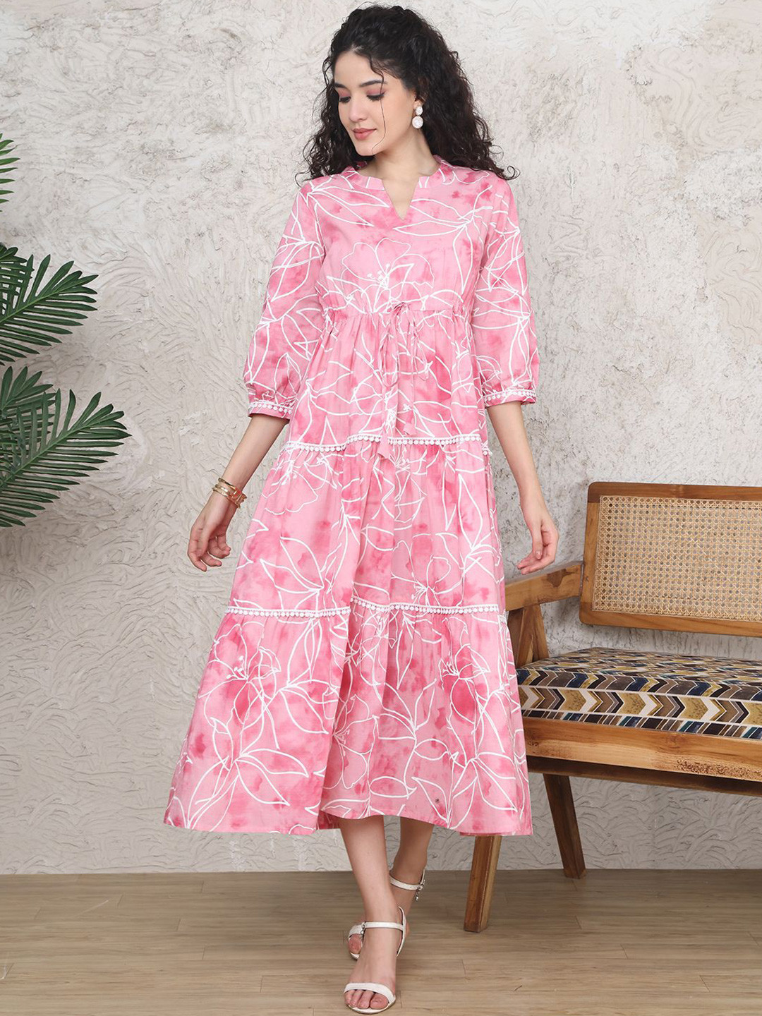Claura Women Pink Floral Printed Lace-Up Cotton Maxi Dress