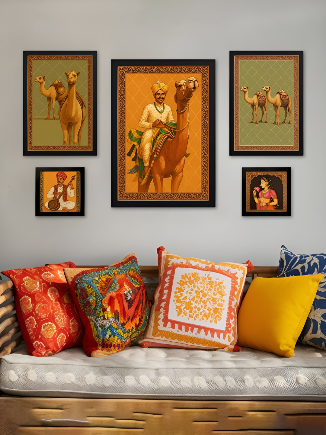 Giftii Rajasthani Heritage Wood 5 Piece Rectangle Paintings Wall Art-13 x 18In