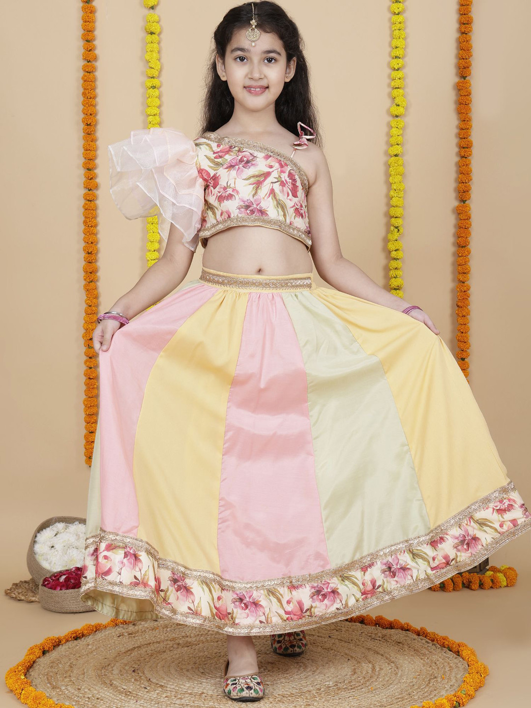 Sangria Girls Printed One Shoulder Top With Skirt