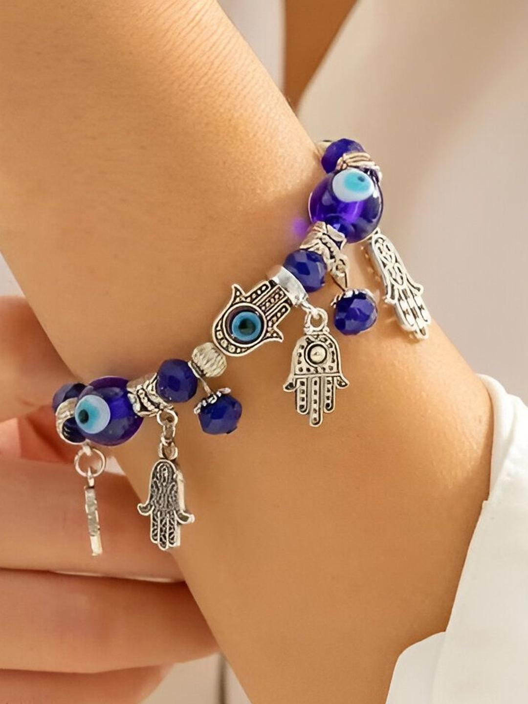 Inites Women Silver-Plated Hamsa Evil Eye Charm Latkan Bracelet