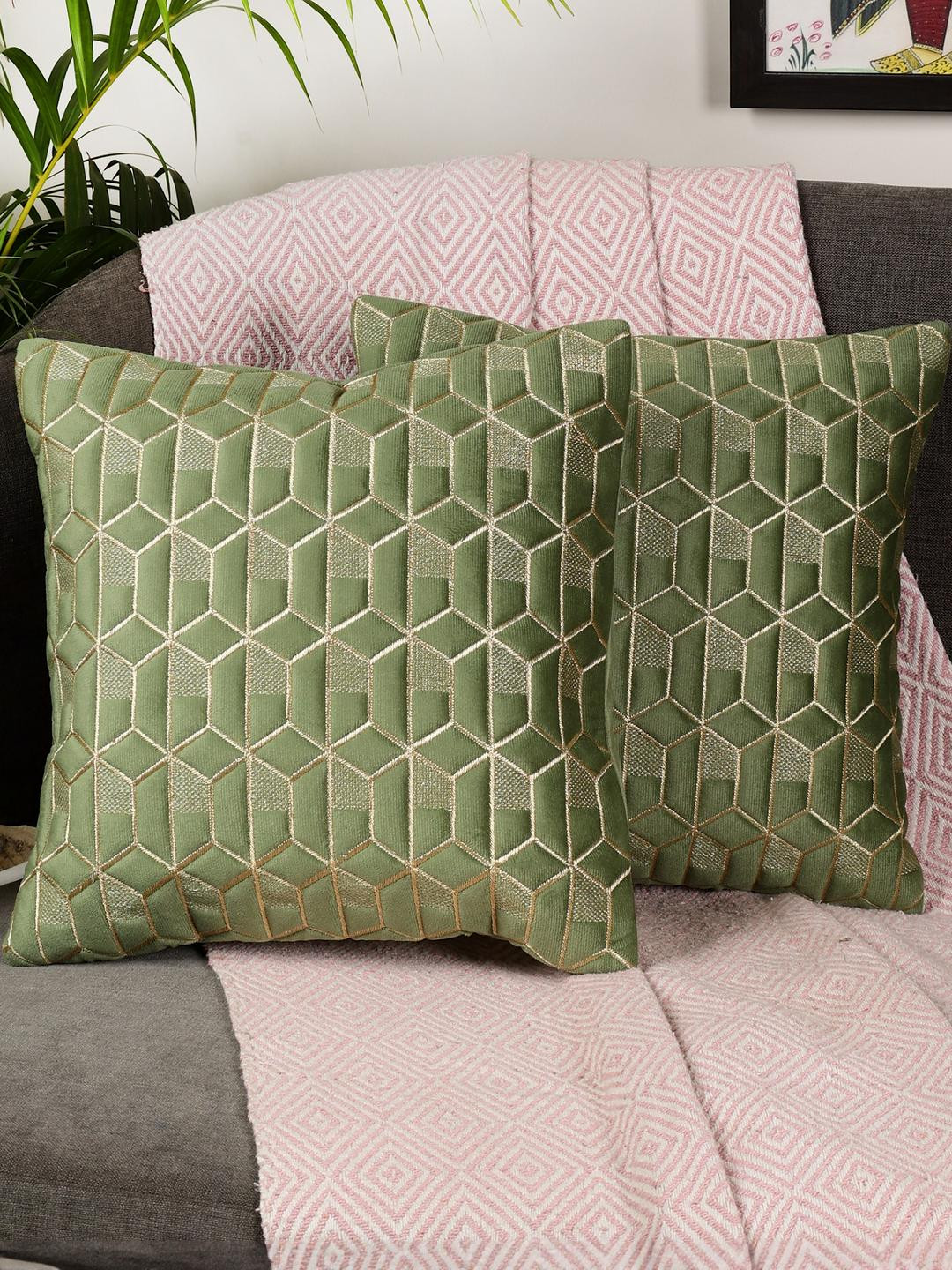 TANLOOMS Hexagonal Geometric Velvet Washable 5 Pcs Embroidered Cushion Covers - 16x16In