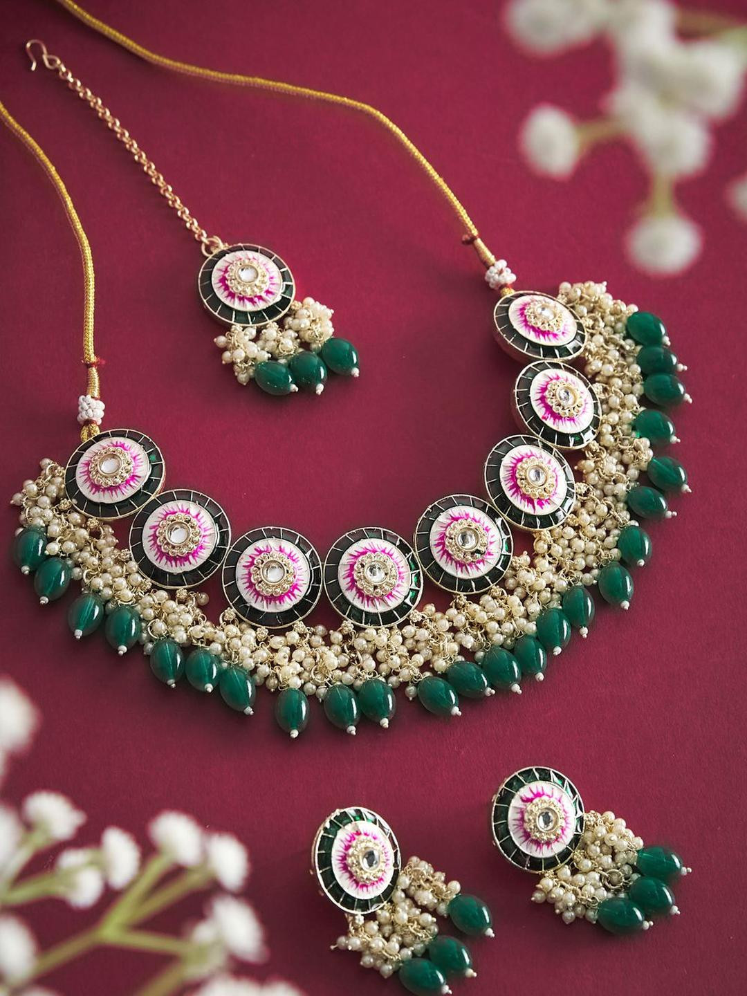 Anouk Gold-Plated Kundan Studded Floral inspired meenakari Jewellery Set with Maangtikka
