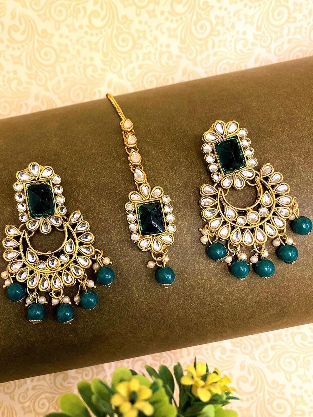 Anouk Gold Plated & Emerald Green Stone Studded Kundan Maangtikka-Earrings Set