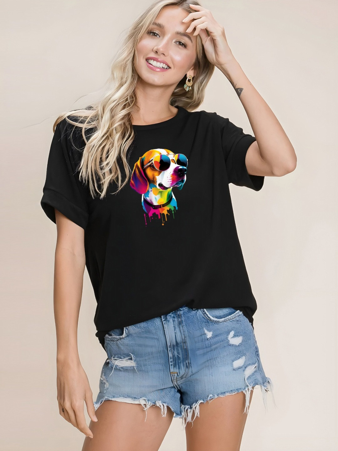 KAIDO Animal Printed Round Neck Drop-Shoulder Sleeves Cotton Oversized T-shirt