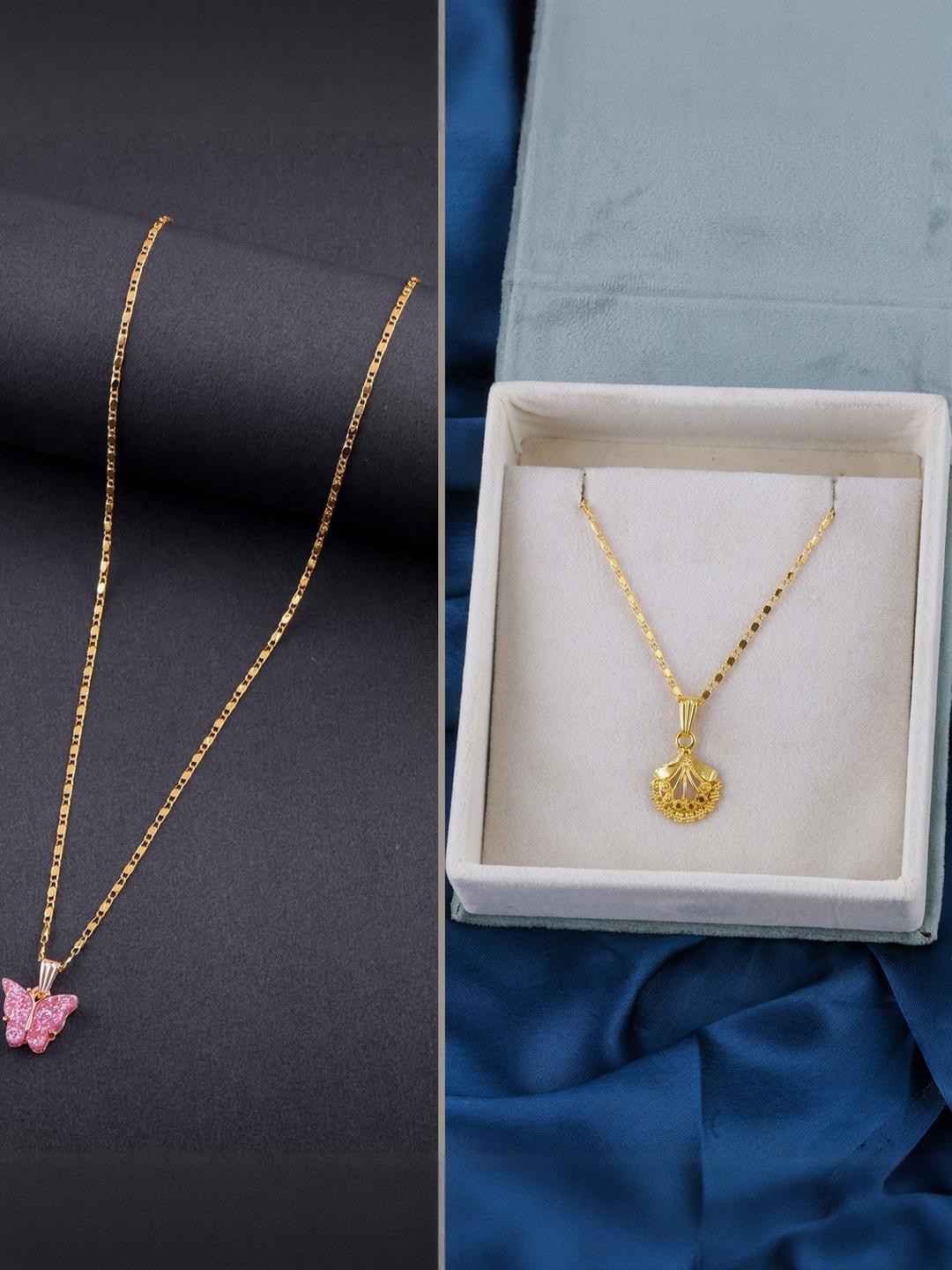 DressBerry Set of 2 Pink Gold Plated Artificial Beads Beaded Butterfly Pendant Chain