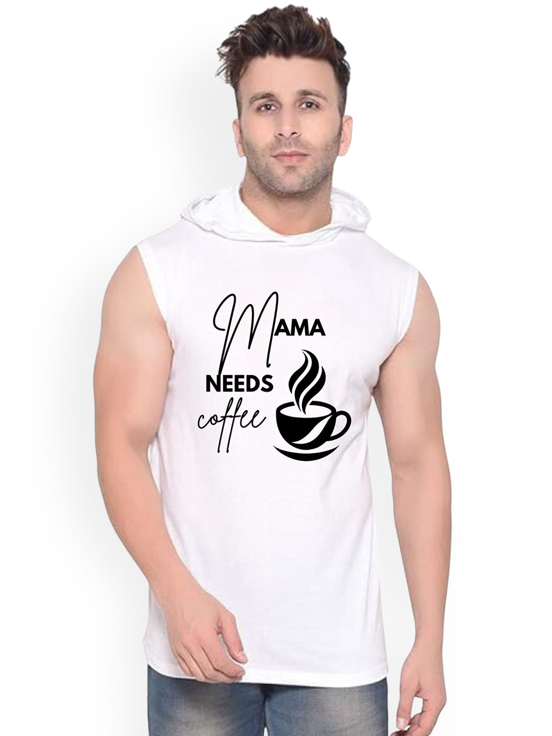 FABSTIEVE Mama Needs Coffee Printed Hooded Gym Vest - vk t-050_Print-189_gym_vest White M