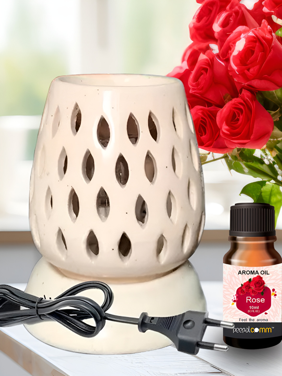 PEEPALCOMM 2-Pcs White & Red Ceramic Electric Diffuser With Rose AromaOil10ml