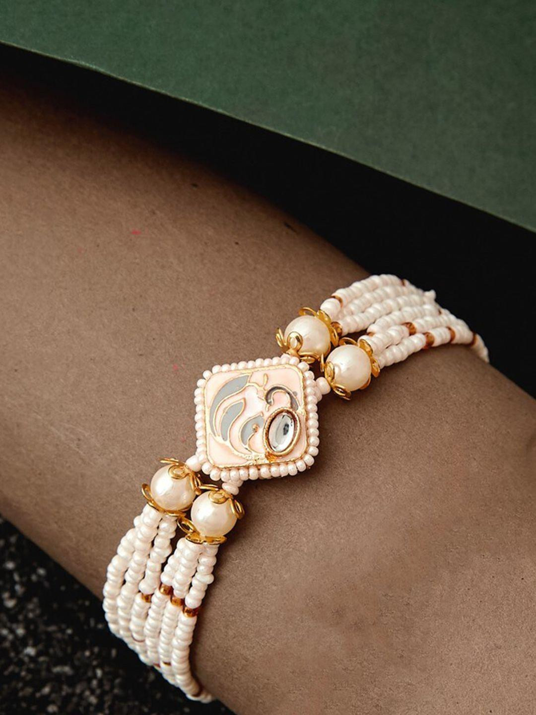 Anouk Gold-Plated Peacock Shaped Bedded Kundan & Pearl Stone Studded Wraparound Bracelet