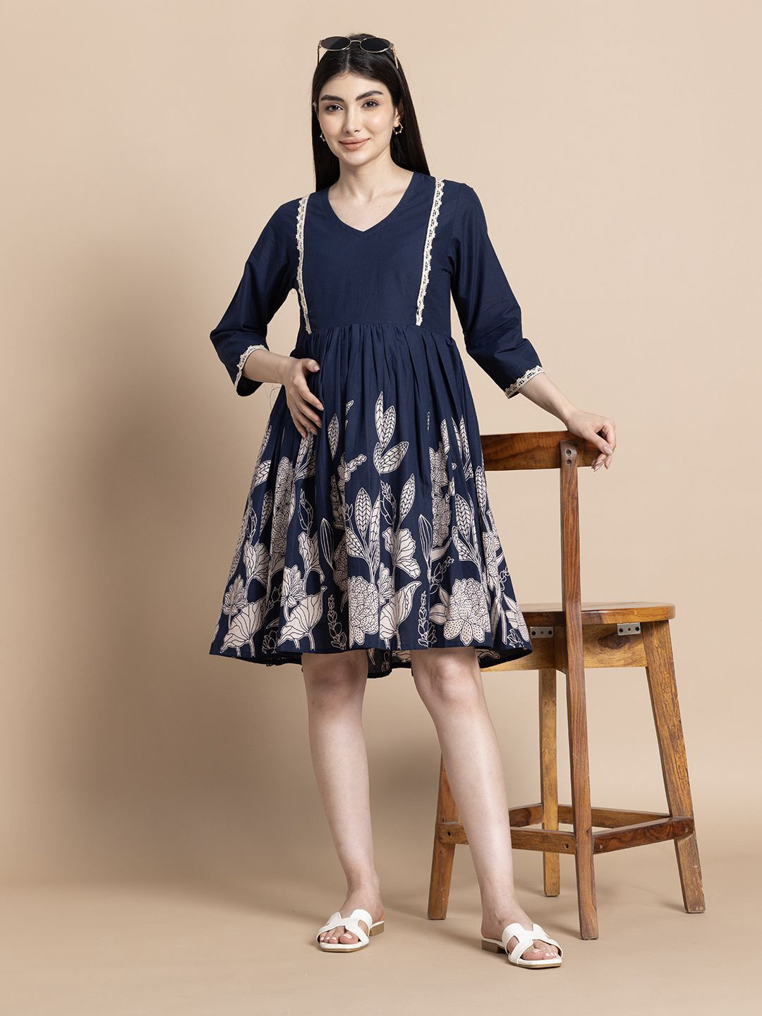 Gujari Tropical Print Gathered or Pleated Maternity Cotton Fit & Flare Dress