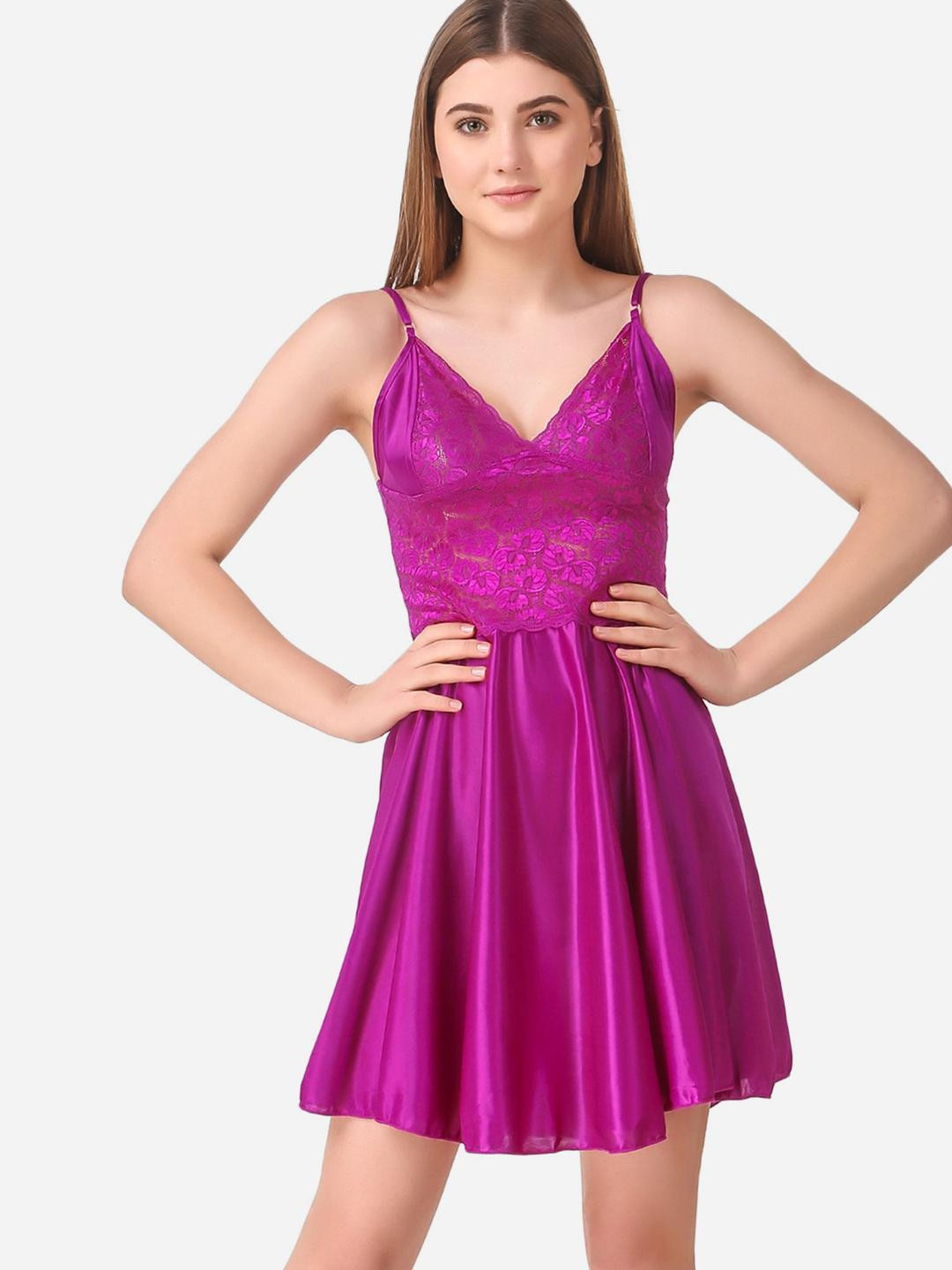 Dreambe Women Magenta Satin Baby Dolls