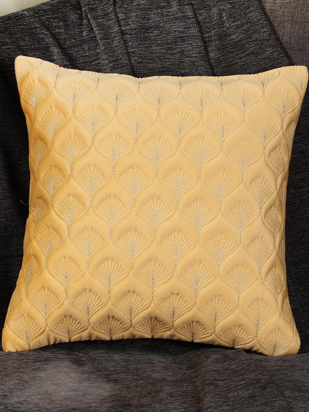 MONKDECOR Feather Yellow Embroidered Velvet Washable Square Cushion Covers - 12 x 12 In