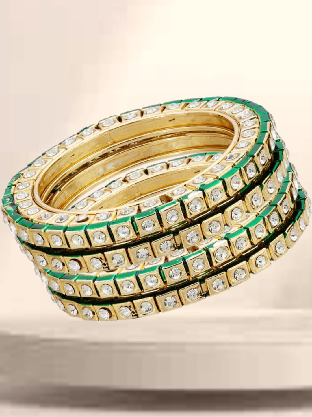 Anouk Set Of 4 Gold Plated &-Green- White kundan stone- studded round-square shaped bangles