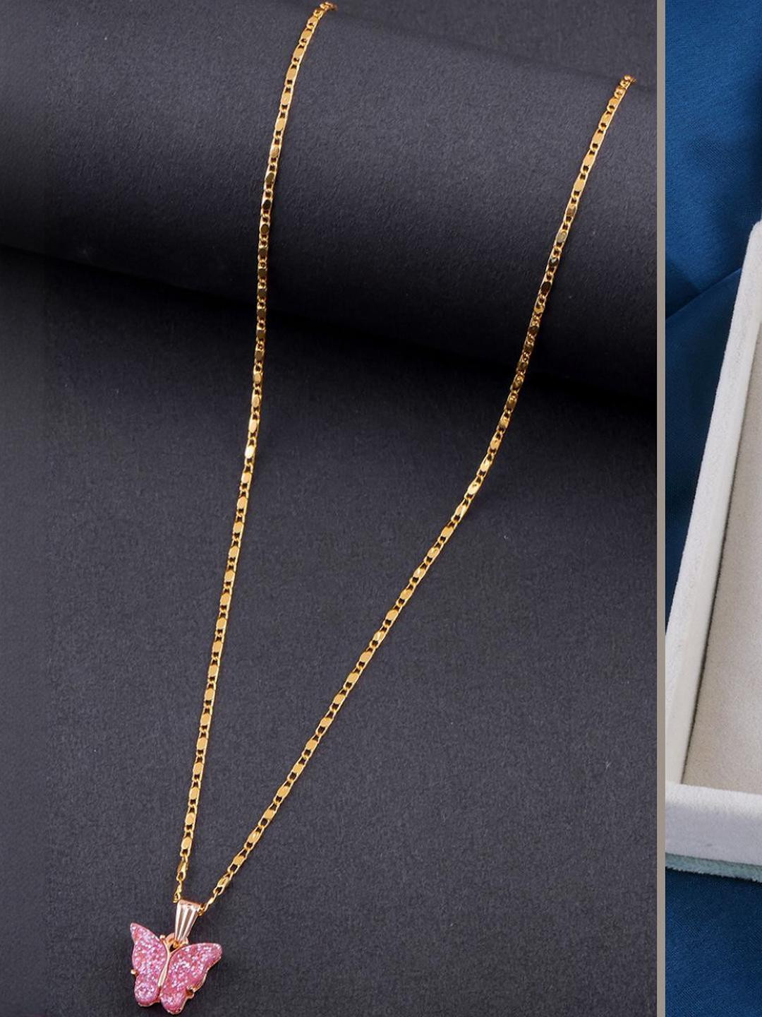 DressBerry Set of 2 Pink Gold Plated Artificial Beads Beaded Butterfly Pendant Chains