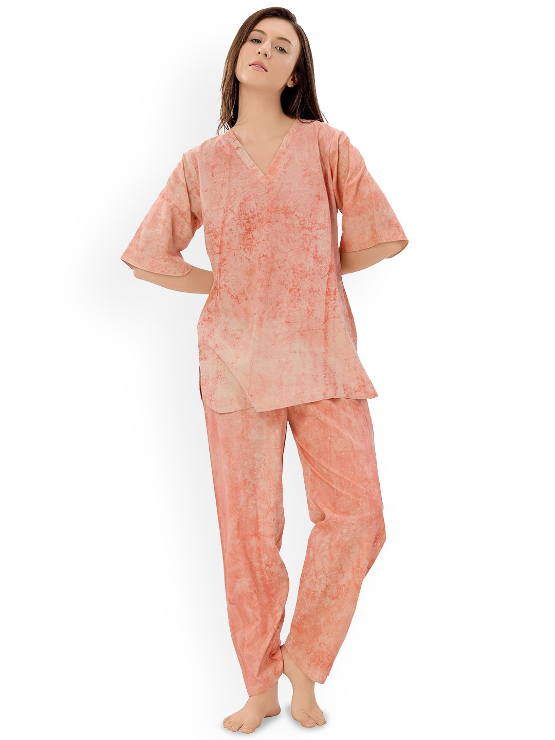 Piu Women Tie and Dye Printed Pure Cotton Kurti Pyjamas Night suit