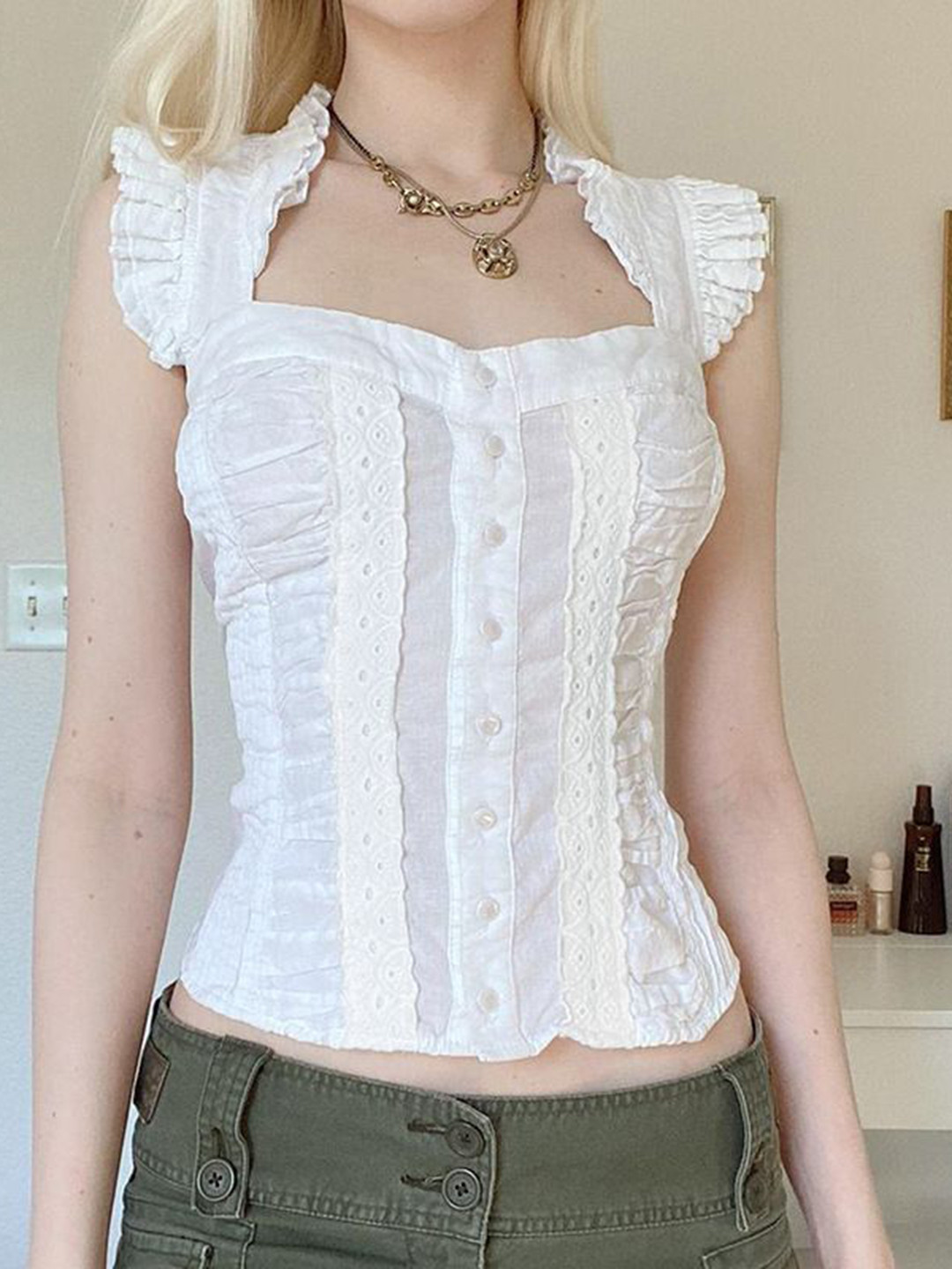 StyleCast Women Square Neck Gathered Shirt Style Crop Top