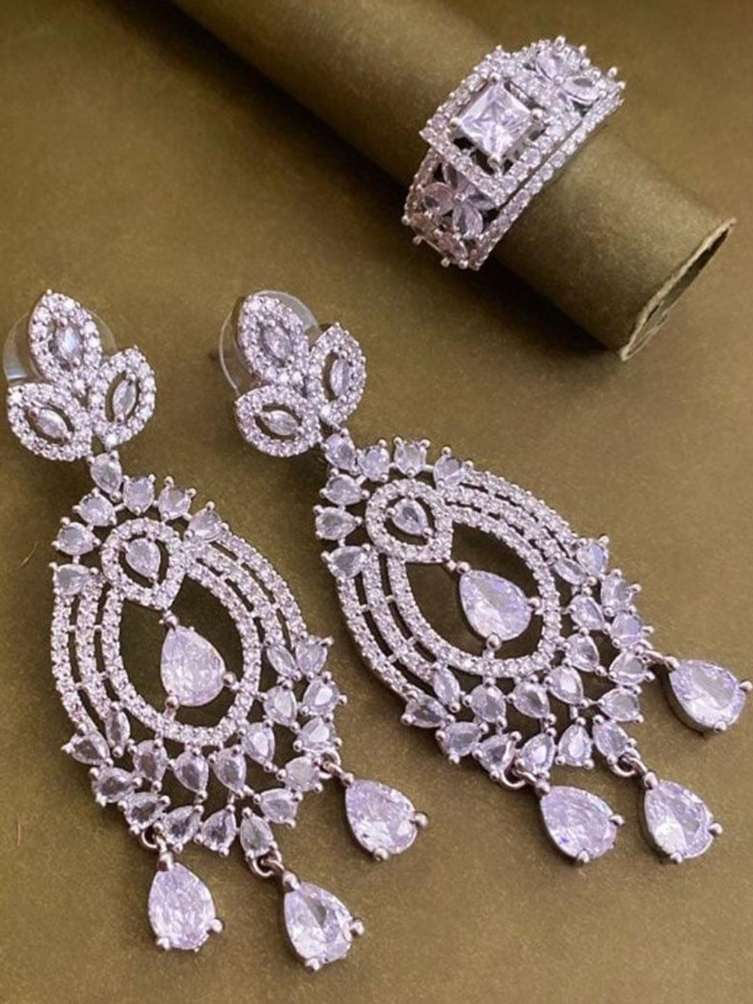 Anouk set of 2 White Cubic Zirconia Stone Studded Floral Shaped Ring-Earrings