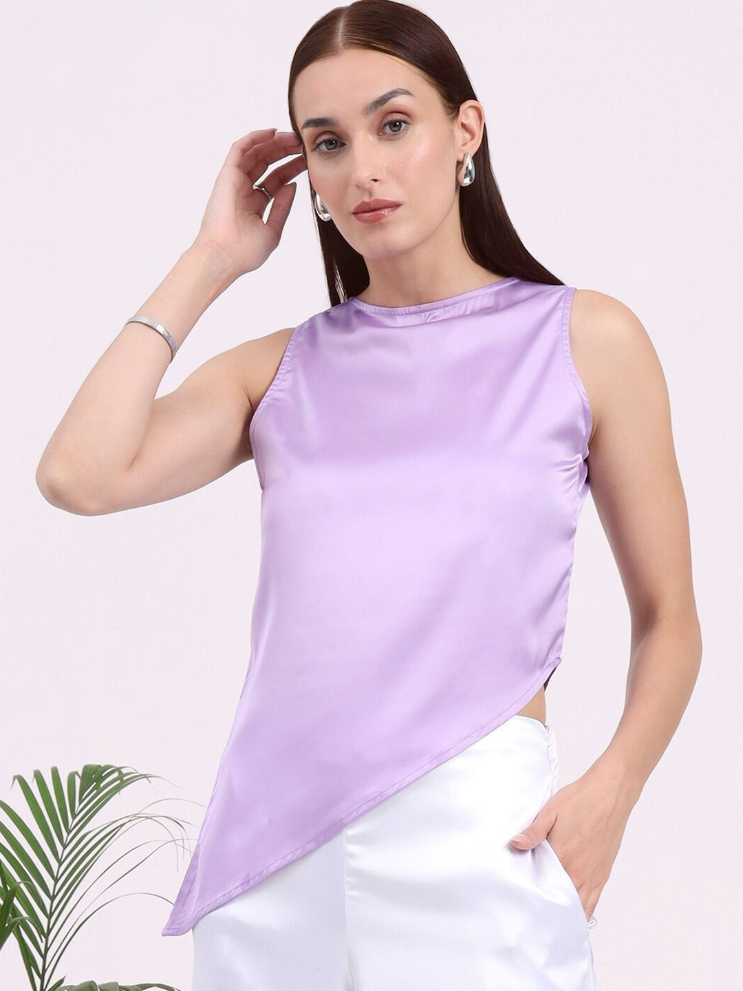 AMSWAN Women European Satin Sleeveless A Symmetric Top