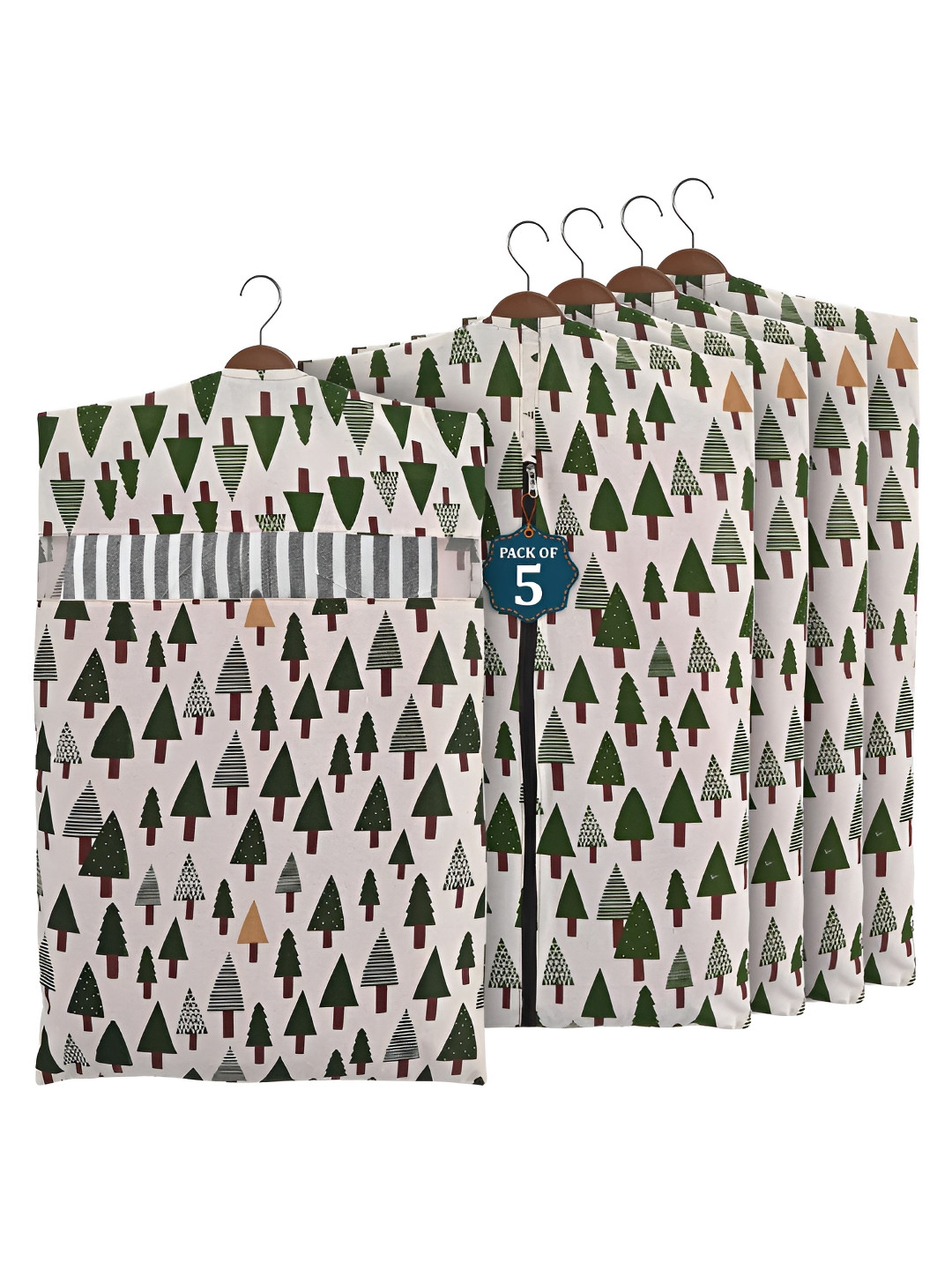 Aura Green & White 5 Pieces Cotton Hanging Clothes Packing Bags
