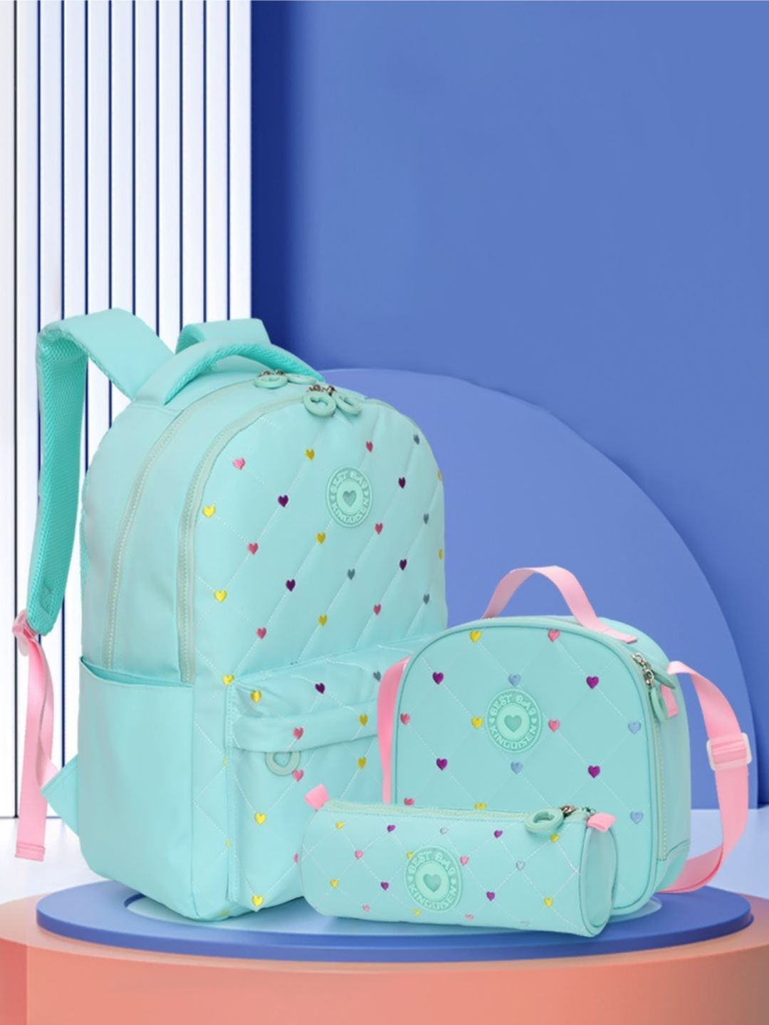 Little Surprise Box LLP Kids 3pcs Mint Mini Heart Backpack Lunch Bag and Stationery Pouch