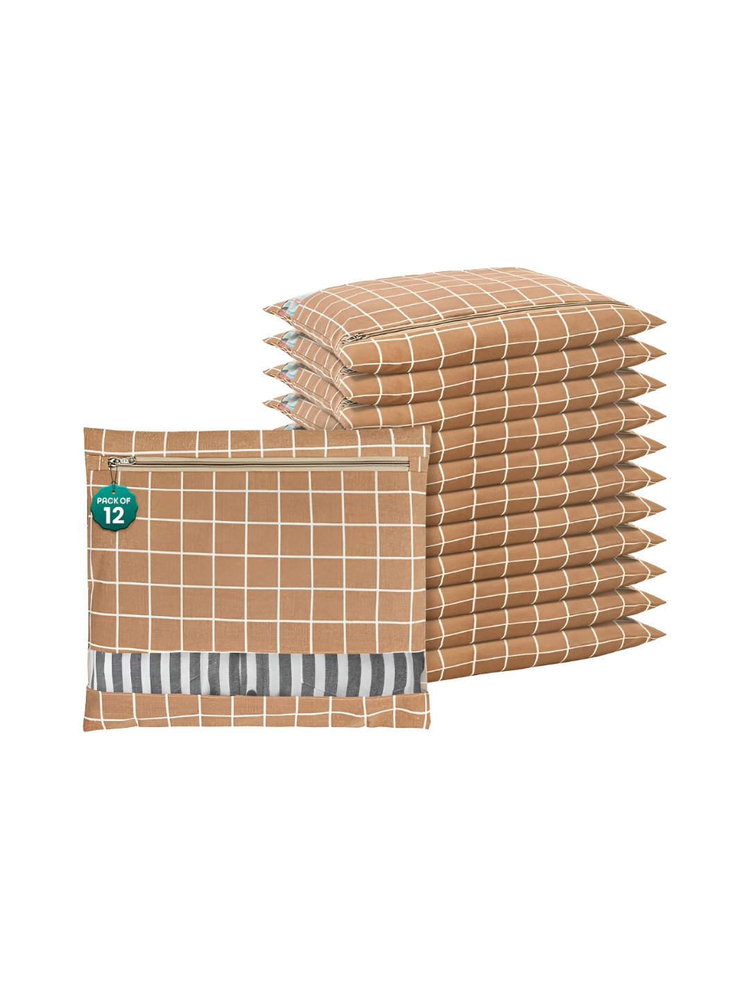 Aura Brown 12 Pcs Mesh Cotton Checked Clothes Storage Organisers