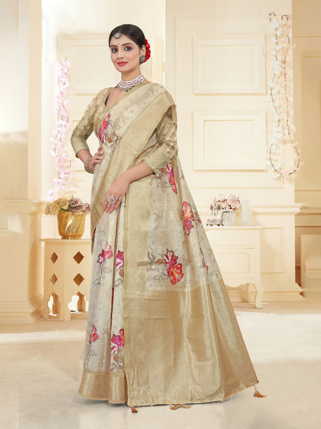 pikham Women Floral Printed Zari Kota Saree with Blouse Piece