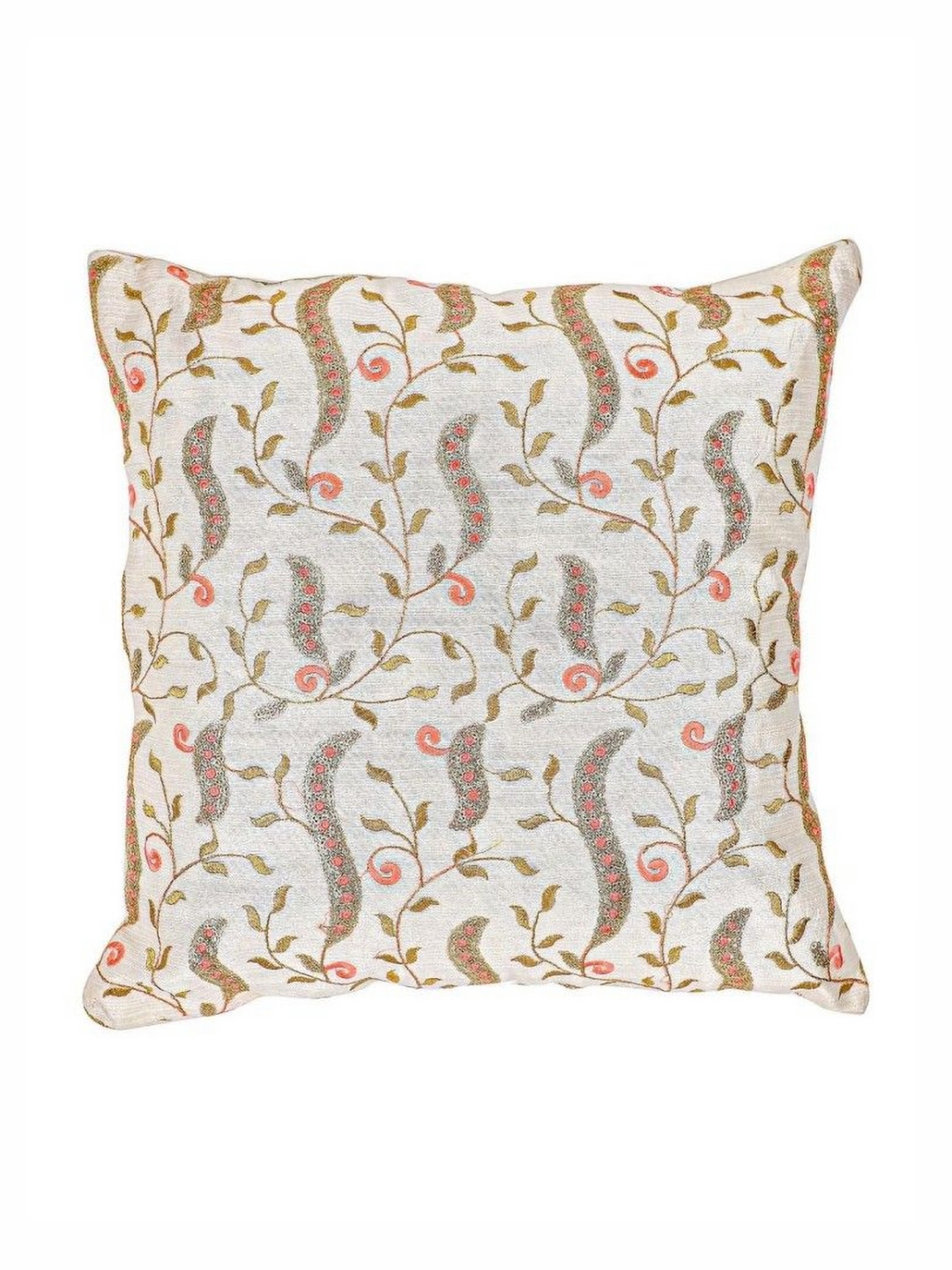 MERA HAAT White Floral Silk Washable Square Cushion Cover -16x16In