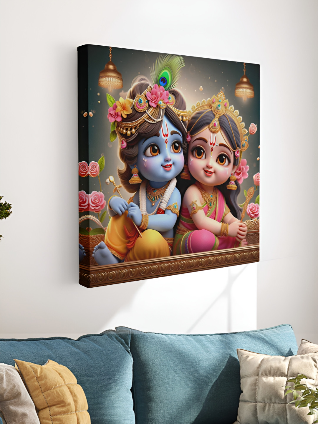 SAF Blue & Gold-Toned Cute Bal Krishna & Radha Canvas Painting Wall Art
