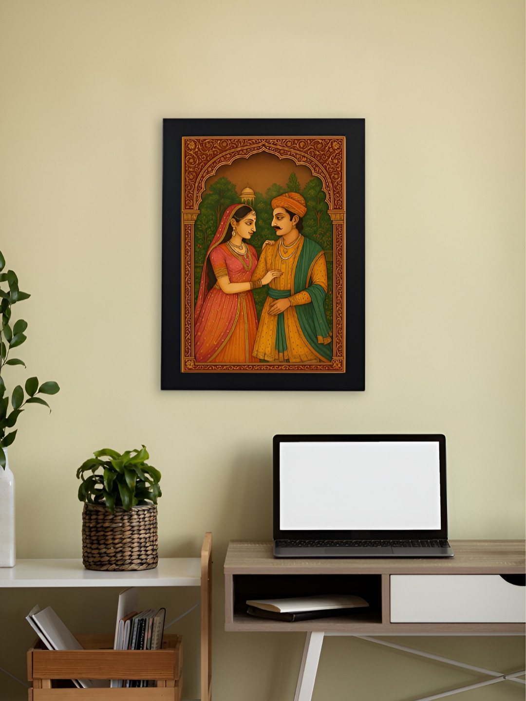 Giftii Rajasthani Miniature Couple Wood Wall Rectangle Paintings Wall Art -18 x 13 In