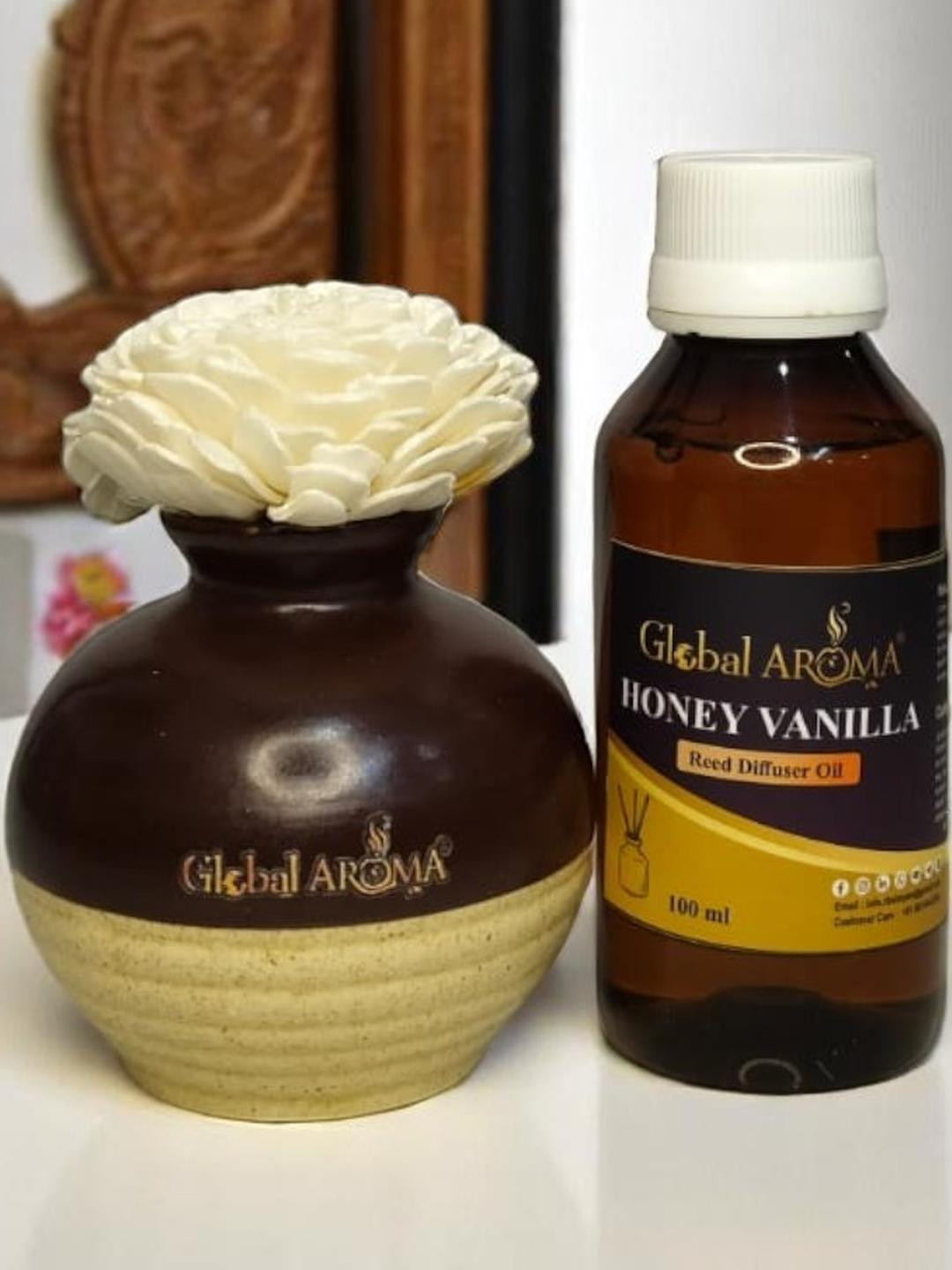GLOBAL AROMA Honey Vanila Fragracne Ethenic Flower Pot Reed Diffuser Set