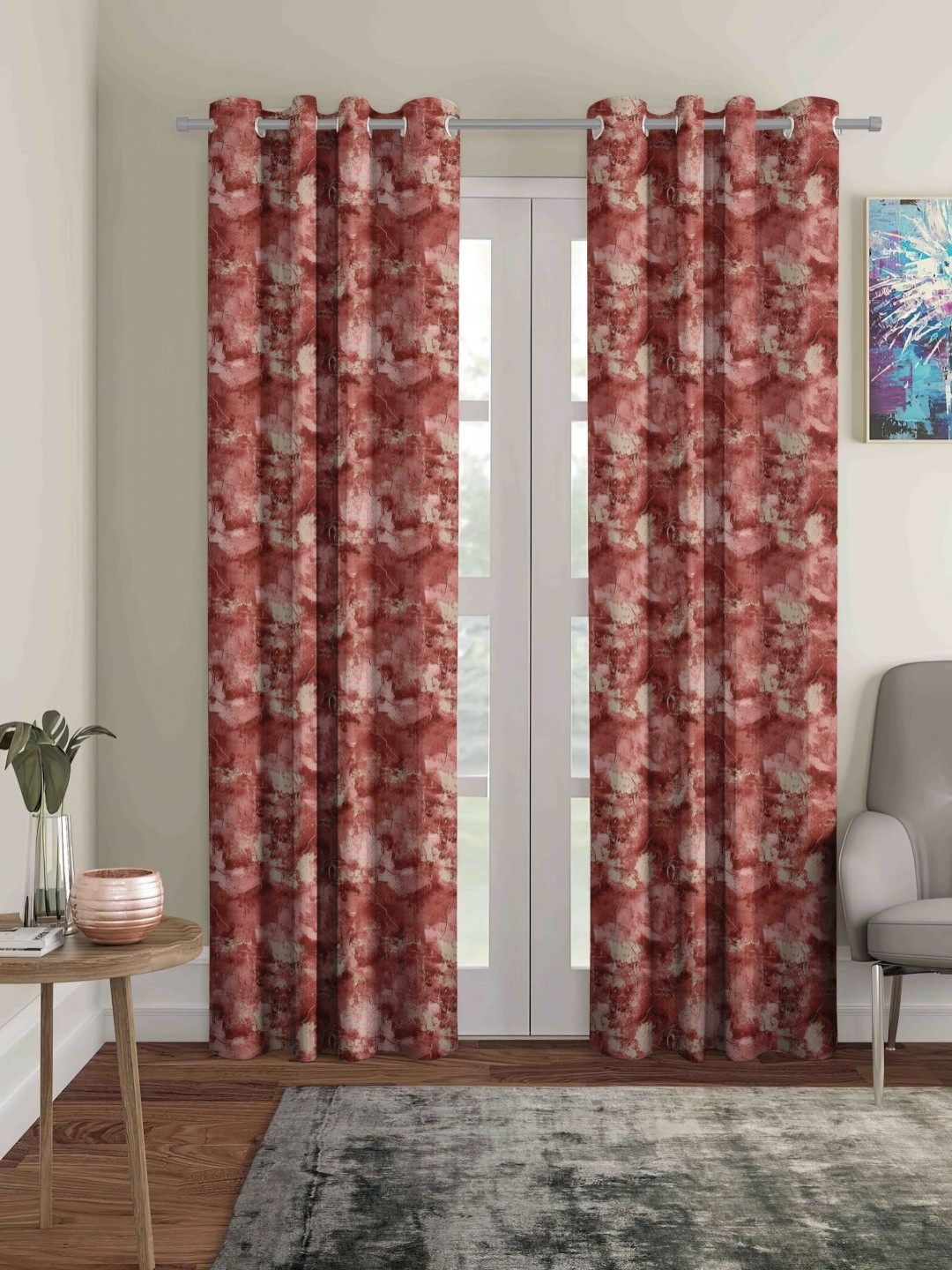 Myntra Elegant Homes Maroon 2 Pcs Digital Floral Black Out Long Door Curtains