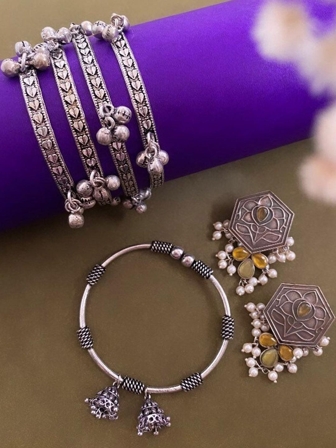 Sangria Set of 5 German Silver Plated & Mustard Stone Ghunghroo Bangles & Jhumkas