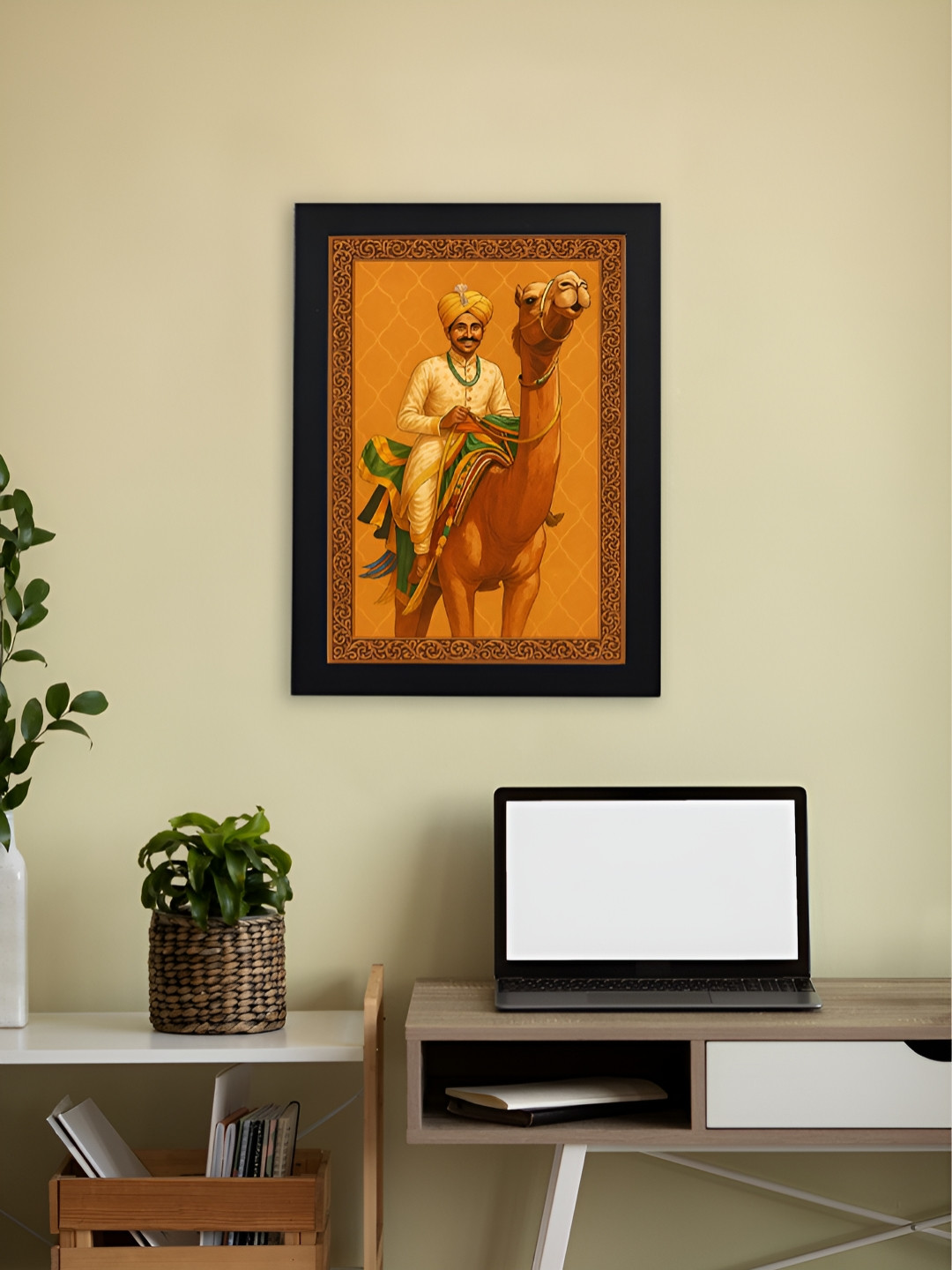 Giftii Black & Yellow The Desert Nomad Rajasthani Camel Rider Wooden Wall Art