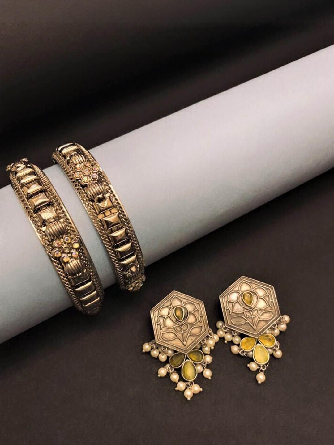 Anouk Set of 3 Silver Plated & Floral Pastel Green Stone Studded Earrings & Bangles