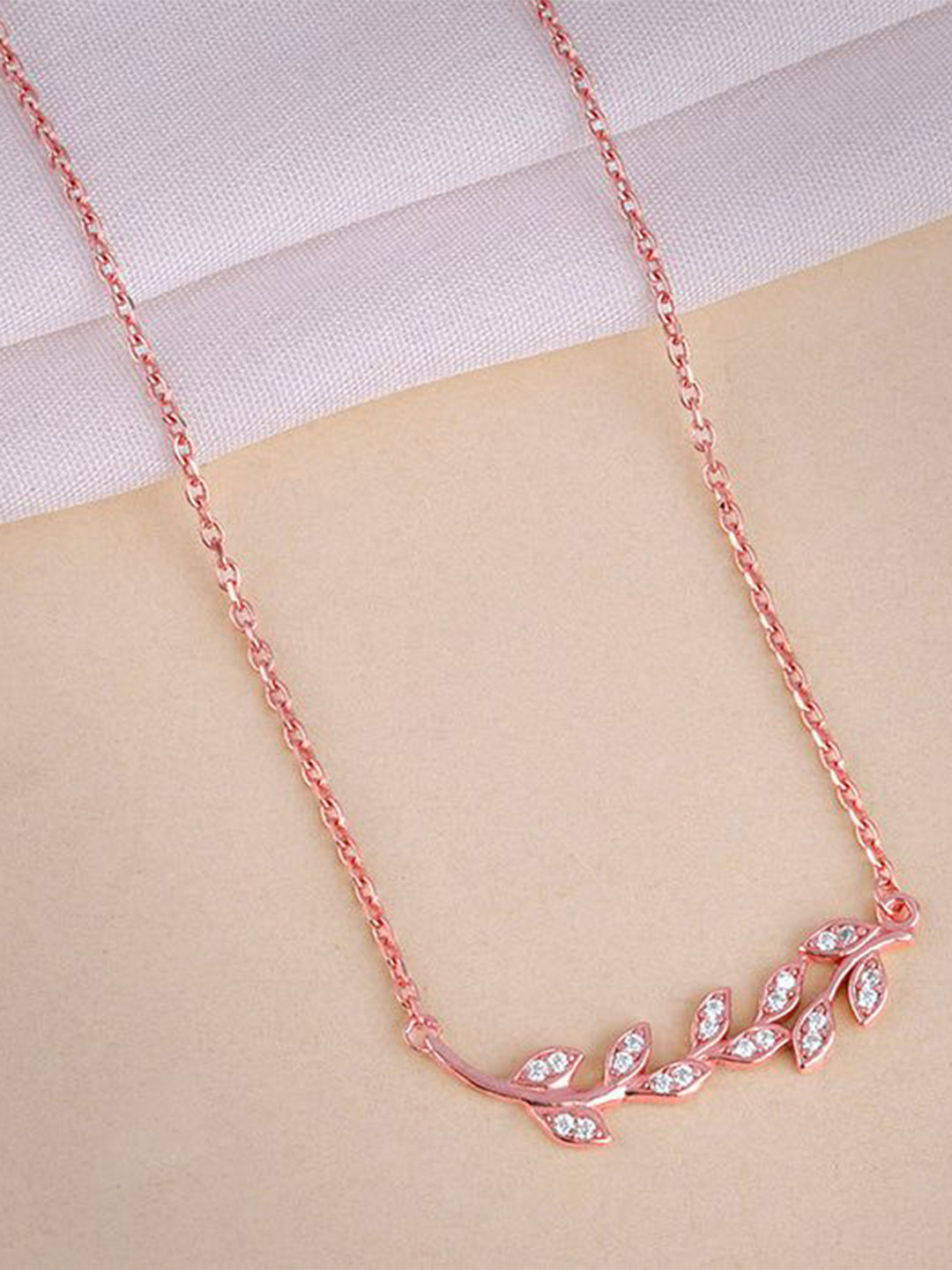 GIVA 925 Sterling Silver Rose Gold-Plated Zircon Studded Leaf Chain