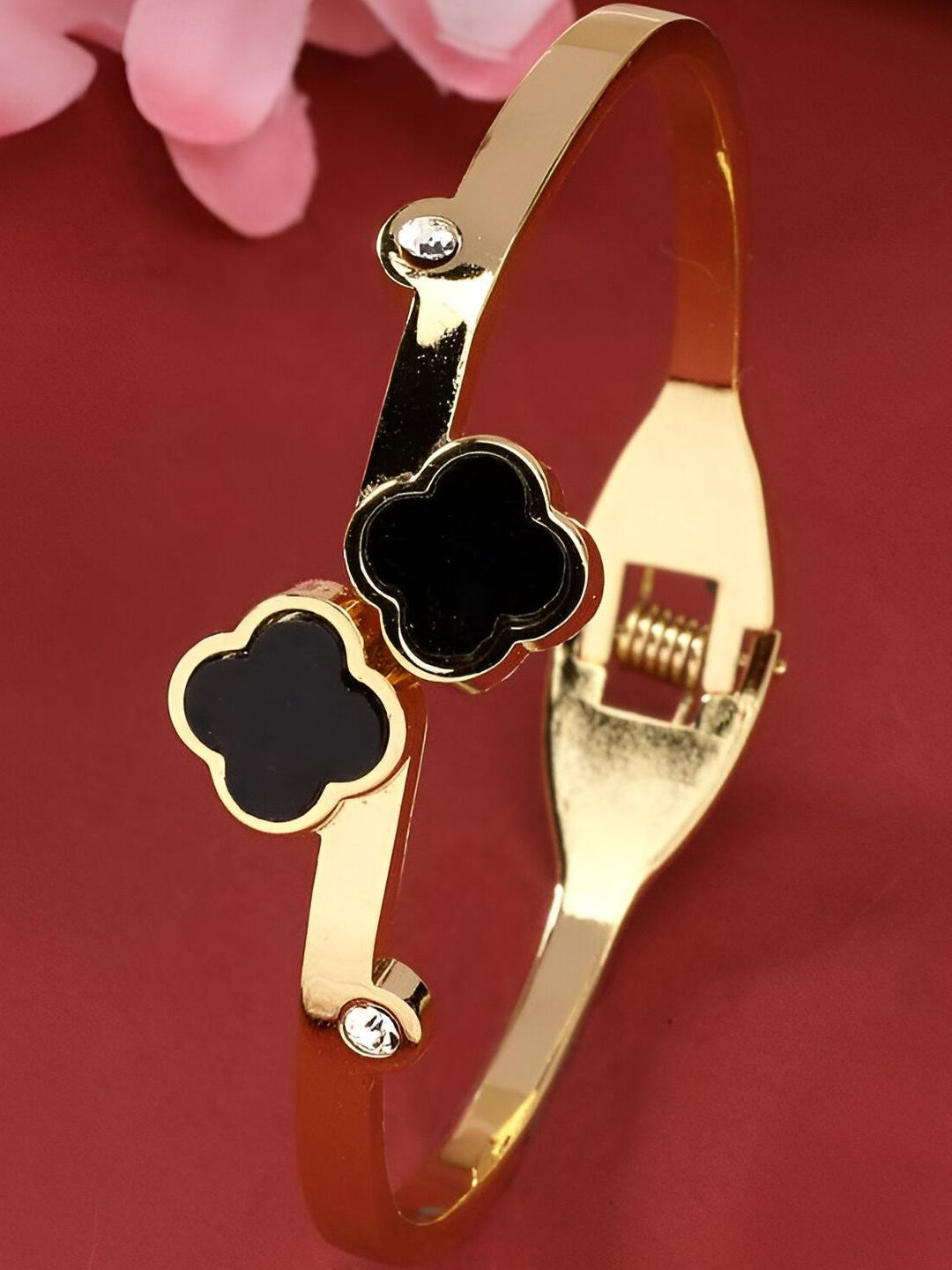 Inites Women Gold-Plated Openable Black Flower Kada Bracelet
