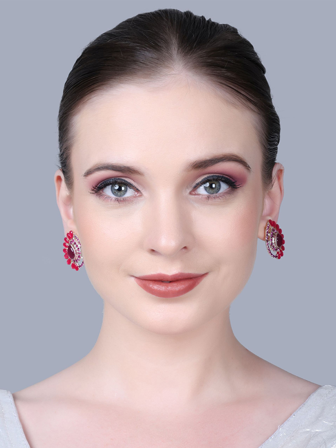 PUJVI Silver-Toned, Red And Purple Artificial Stones Studded Tear Drop Shaped Studs