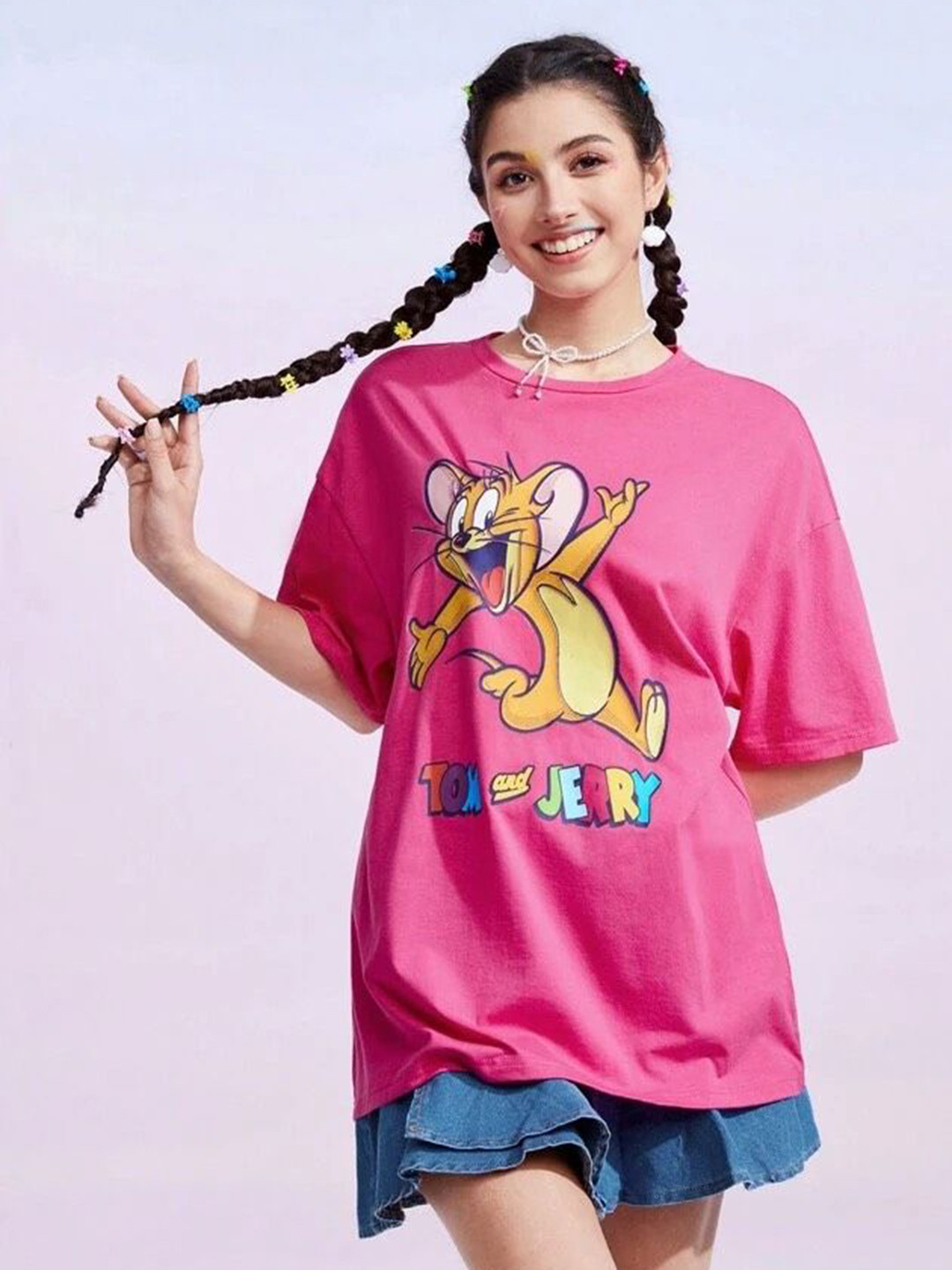 TOM AND JERRY by Dreambe Women Tom & Jerry Graphic Printed Round Neck Oversized T-shirt