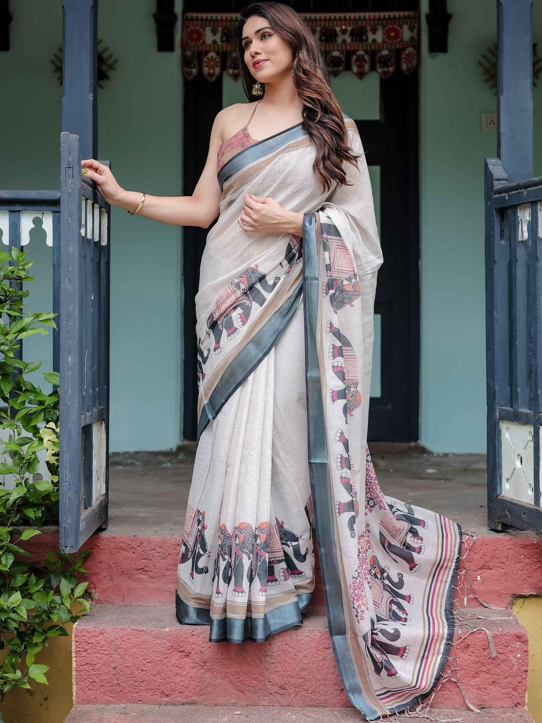 ZIRVI Beige Tussar Linen Blend Sarees